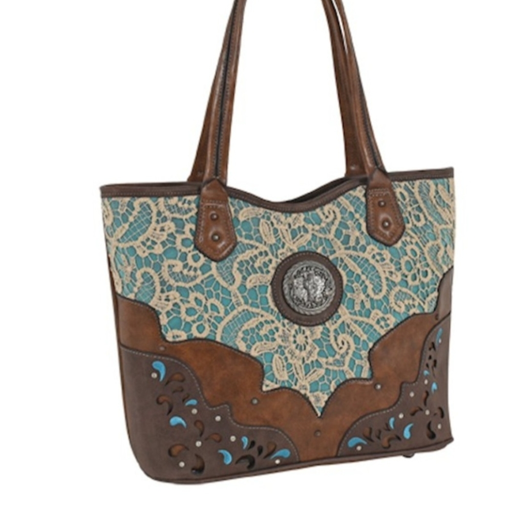 Elegant Brown and Blue Lace Tote Bag
